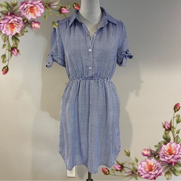 Monteau Blue and White Striped short sleeve Dress size large - Picture 1 of 12